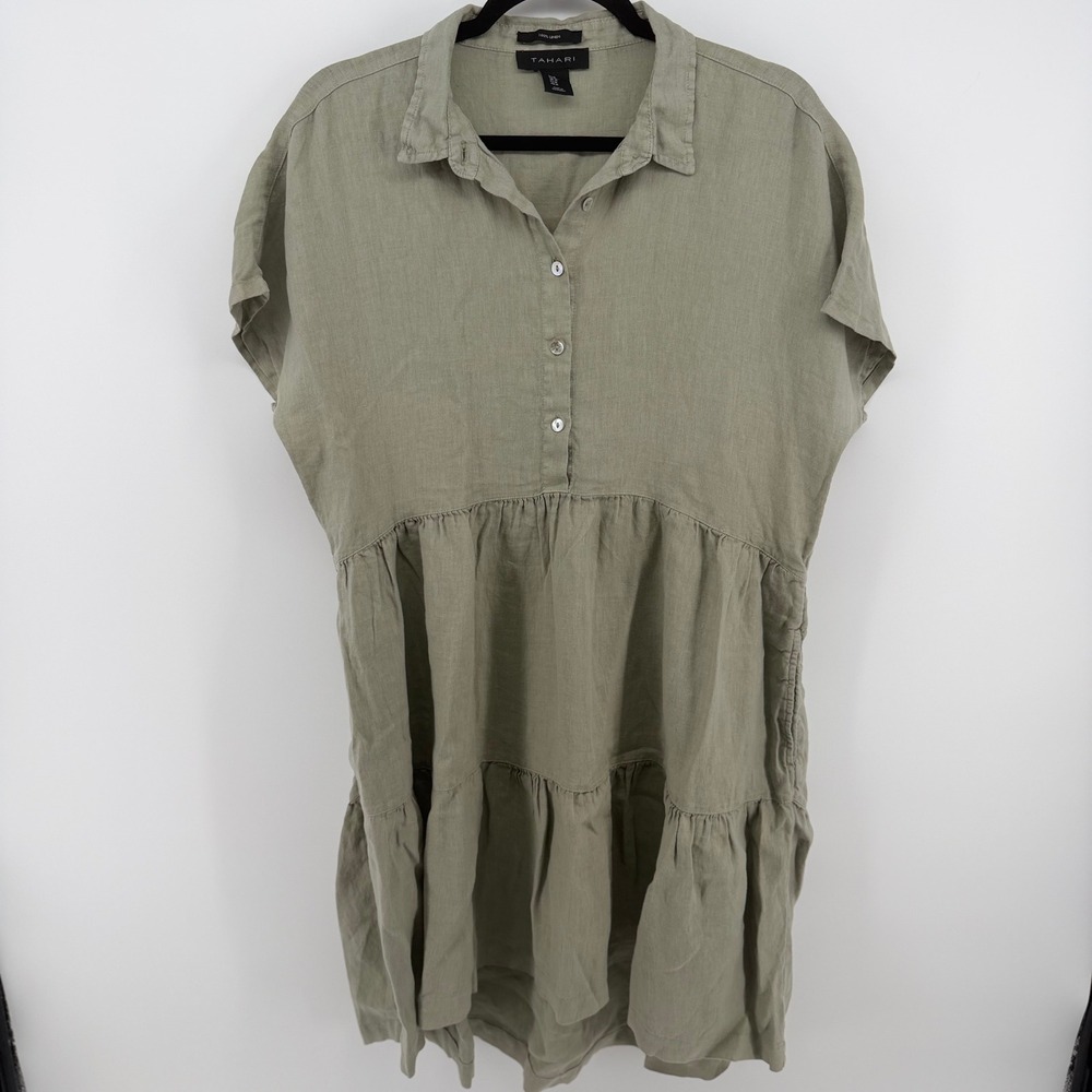 Tahari 100% Linen Shirt Dress Womens M Sage Green Tiered High Low Pockets